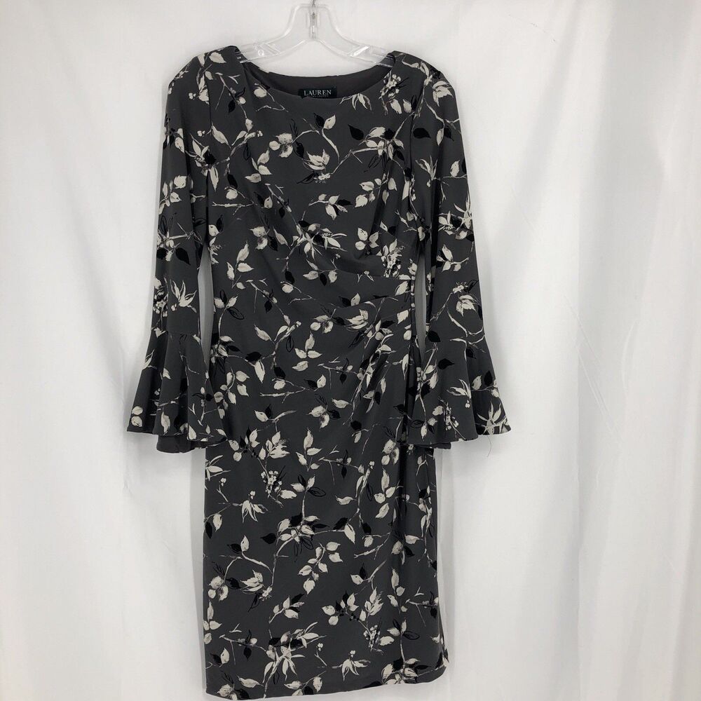 Lauren Ralph Lauren Gray Floral Sheath Dress Size 4 Bell Sleeve Ruched Midi